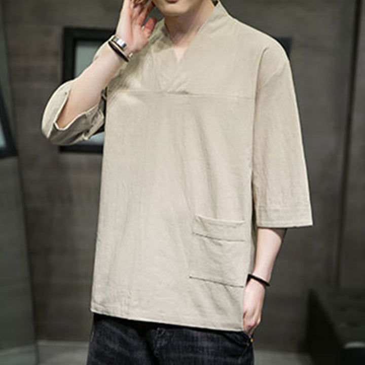 Buddha Stones Letnia swobodna prosta koszulka męska z dekoltem w serek bawełniana lniana z rękawem trzy czwarte i kieszenią z przodu - image 4