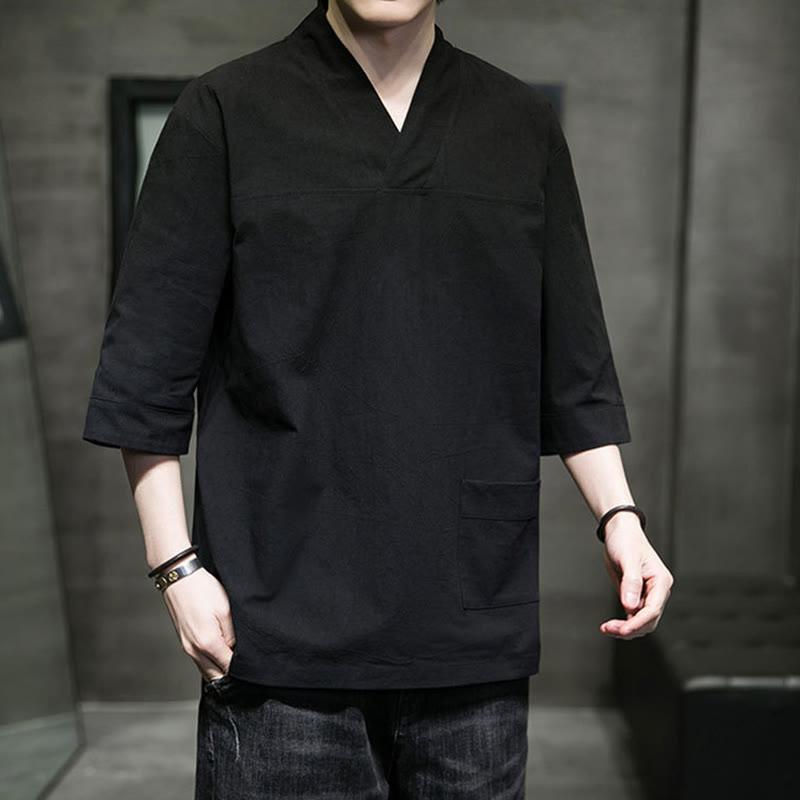 Buddha Stones Letnia swobodna prosta koszulka męska z dekoltem w serek bawełniana lniana z rękawem trzy czwarte i kieszenią z przodu - image 21