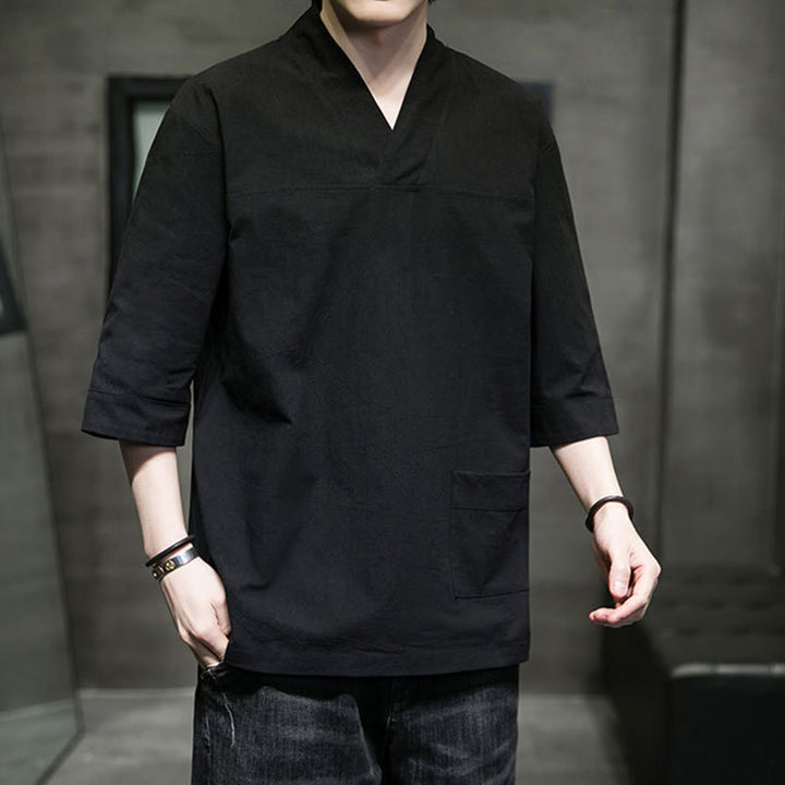 Buddha Stones Letnia swobodna prosta koszulka męska z dekoltem w serek bawełniana lniana z rękawem trzy czwarte i kieszenią z przodu - image 21