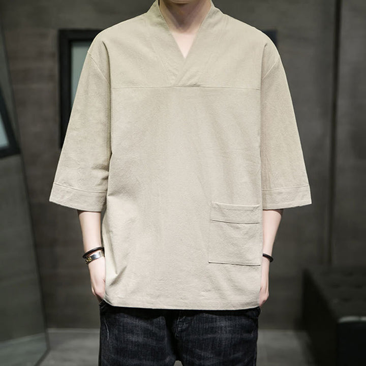 Buddha Stones Letnia swobodna prosta koszulka męska z dekoltem w serek bawełniana lniana z rękawem trzy czwarte i kieszenią z przodu - image 1