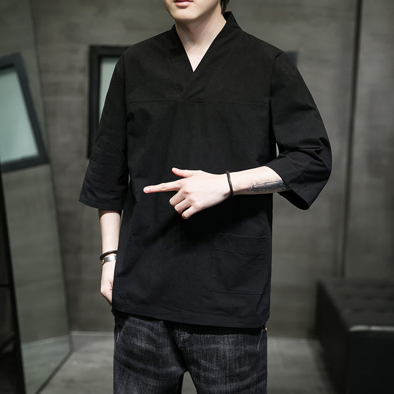 Buddha Stones Letnia swobodna prosta koszulka męska z dekoltem w serek bawełniana lniana z rękawem trzy czwarte i kieszenią z przodu - image 18