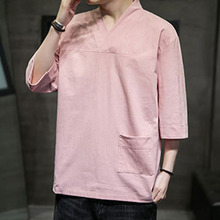 Buddha Stones Letnia swobodna prosta koszulka męska z dekoltem w serek bawełniana lniana z rękawem trzy czwarte i kieszenią z przodu - image 13