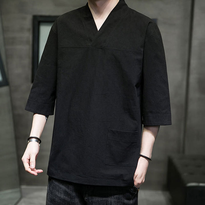 Buddha Stones Letnia swobodna prosta koszulka męska z dekoltem w serek bawełniana lniana z rękawem trzy czwarte i kieszenią z przodu - image 19