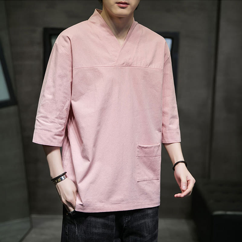 Buddha Stones Letnia swobodna prosta koszulka męska z dekoltem w serek bawełniana lniana z rękawem trzy czwarte i kieszenią z przodu - image 11