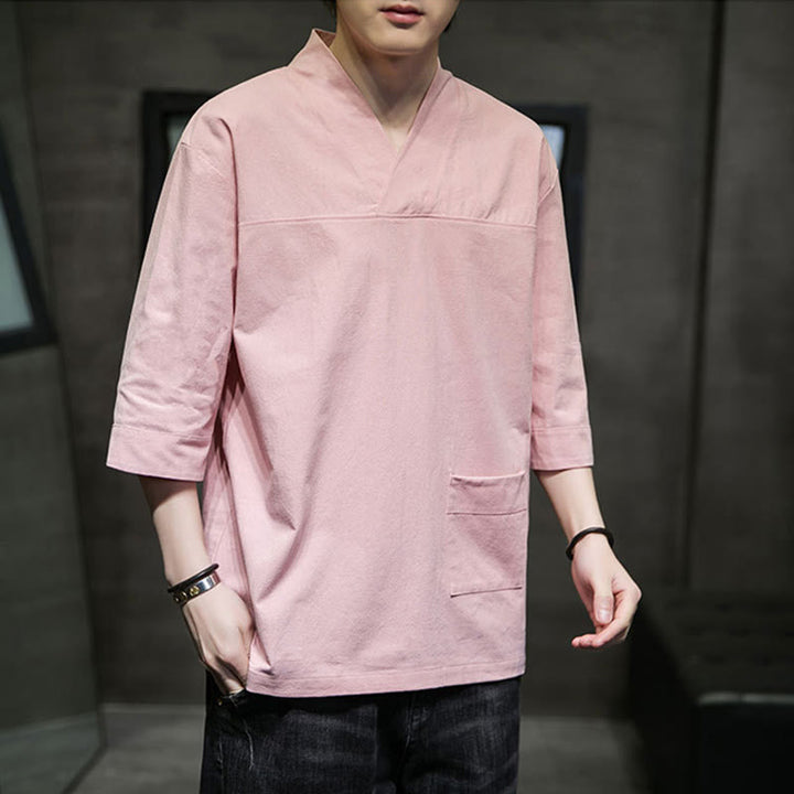 Buddha Stones Letnia swobodna prosta koszulka męska z dekoltem w serek bawełniana lniana z rękawem trzy czwarte i kieszenią z przodu - image 11