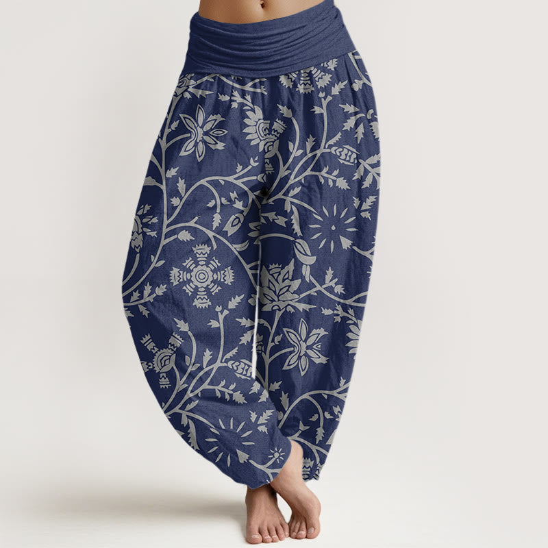 Buddha Stones Luźne Kwiatowe Gałęzie Płynące Winorośle Wzór Damskie Spodnie Harem Elastyczna Talia - Marynarka wojenna - US22, UK/AU26, EU54 (6XL) - image 1