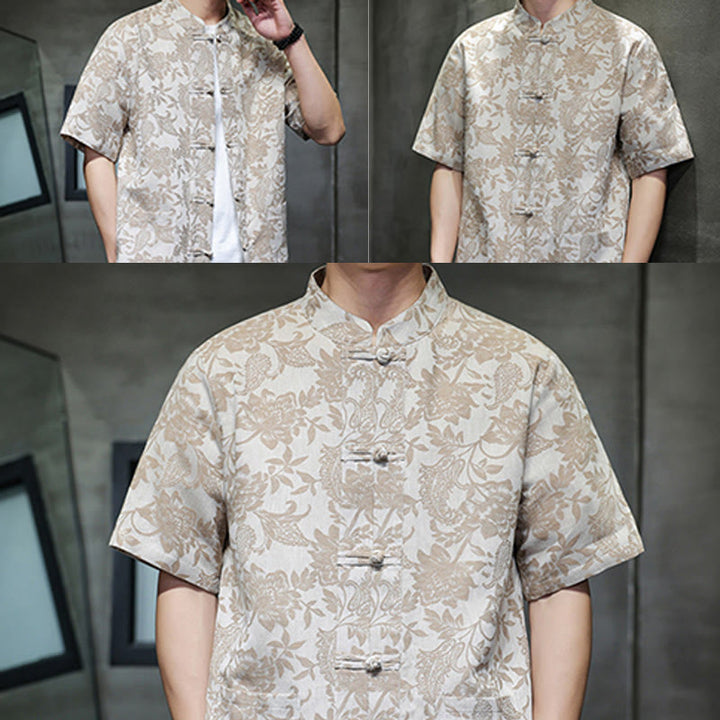 Buddha Stones Casual Jacquard Paisley Kwiat Roślinny Wzór Żabki-Guziki Męska Bawełniana Koszula Kardigan Z Kieszeniami