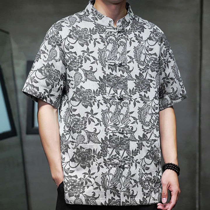 Buddha Stones Casual Jacquard Paisley Kwiat Roślinny Wzór Żabki-Guziki Męska Bawełniana Koszula Kardigan Z Kieszeniami