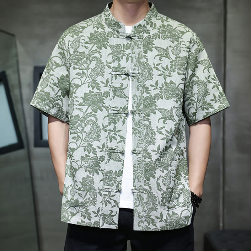 Buddha Stones Casual Jacquard Paisley Kwiat Roślinny Wzór Żabki-Guziki Męska Bawełniana Koszula Kardigan Z Kieszeniami