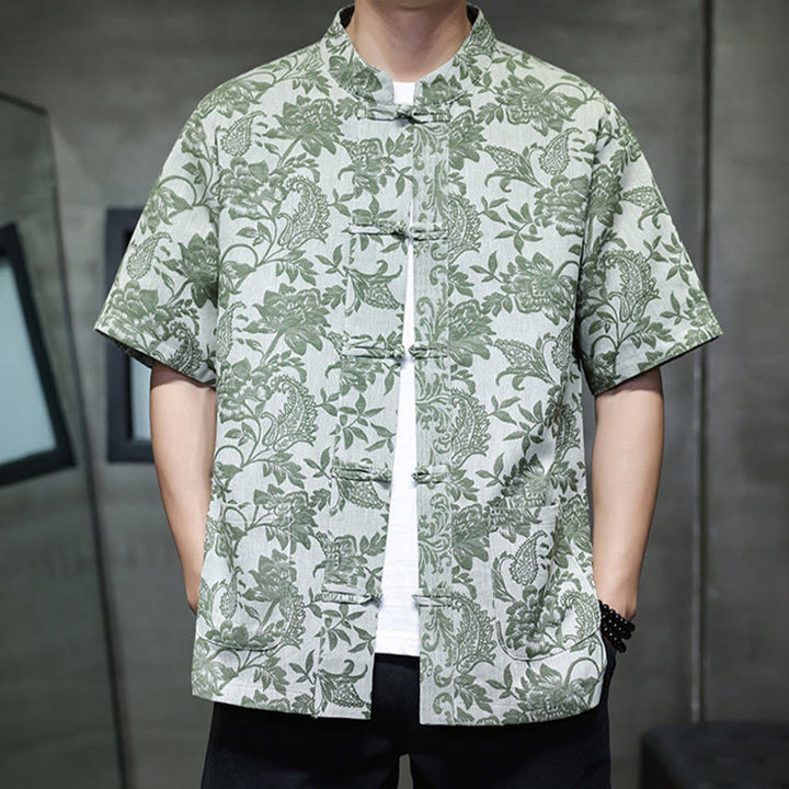 Buddha Stones Casual Jacquard Paisley Kwiat Roślinny Wzór Żabki-Guziki Męska Bawełniana Koszula Kardigan Z Kieszeniami