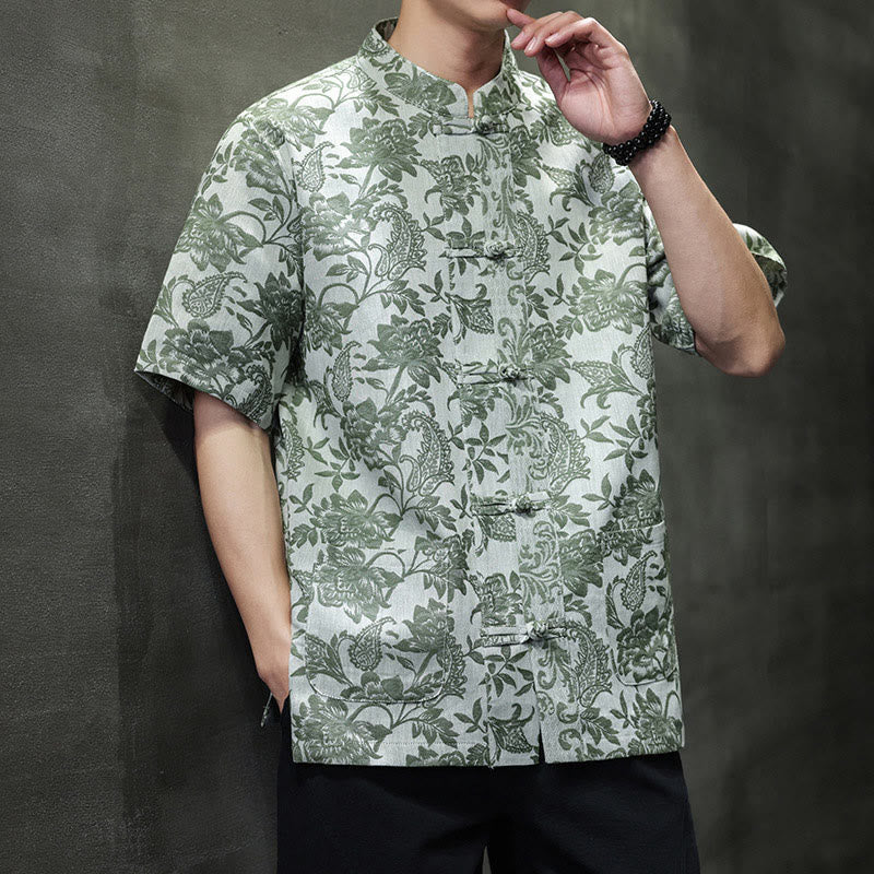 Buddha Stones Casual Jacquard Paisley Kwiat Roślinny Wzór Żabki-Guziki Męska Bawełniana Koszula Kardigan Z Kieszeniami - MediumSeaGreen - US/UK/AU44， EU54 (4XL) - image 29