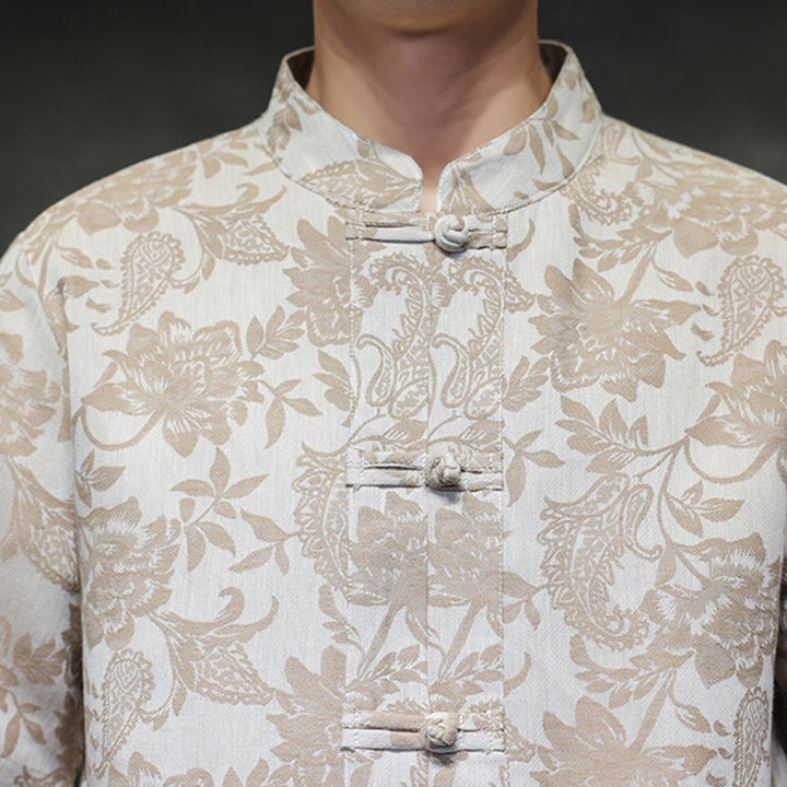 Buddha Stones Casual Jacquard Paisley Kwiat Roślinny Wzór Żabki-Guziki Męska Bawełniana Koszula Kardigan Z Kieszeniami
