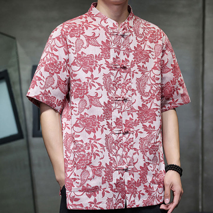 Buddha Stones Casual Jacquard Paisley Kwiat Roślinny Wzór Żabki-Guziki Męska Bawełniana Koszula Kardigan Z Kieszeniami