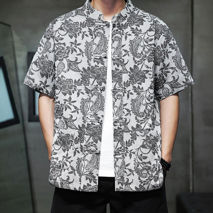 Buddha Stones Casual Jacquard Paisley Kwiat Roślinny Wzór Żabki-Guziki Męska Bawełniana Koszula Kardigan Z Kieszeniami