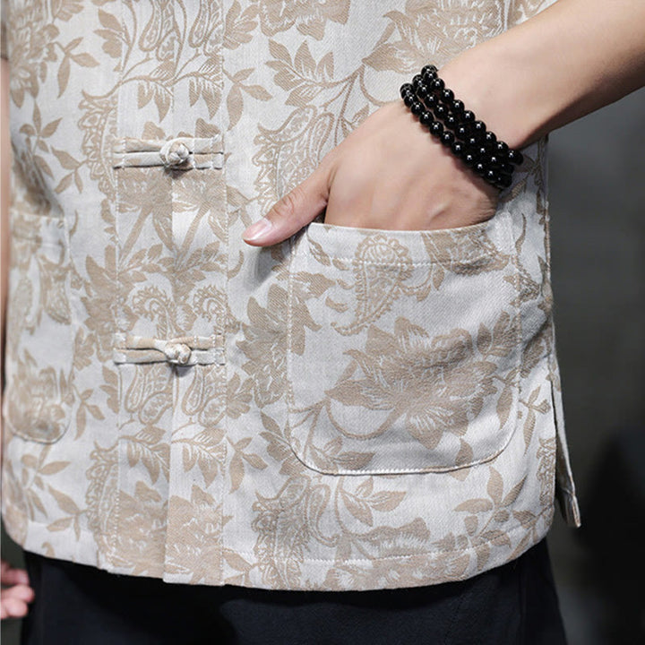 Buddha Stones Casual Jacquard Paisley Kwiat Roślinny Wzór Żabki-Guziki Męska Bawełniana Koszula Kardigan Z Kieszeniami