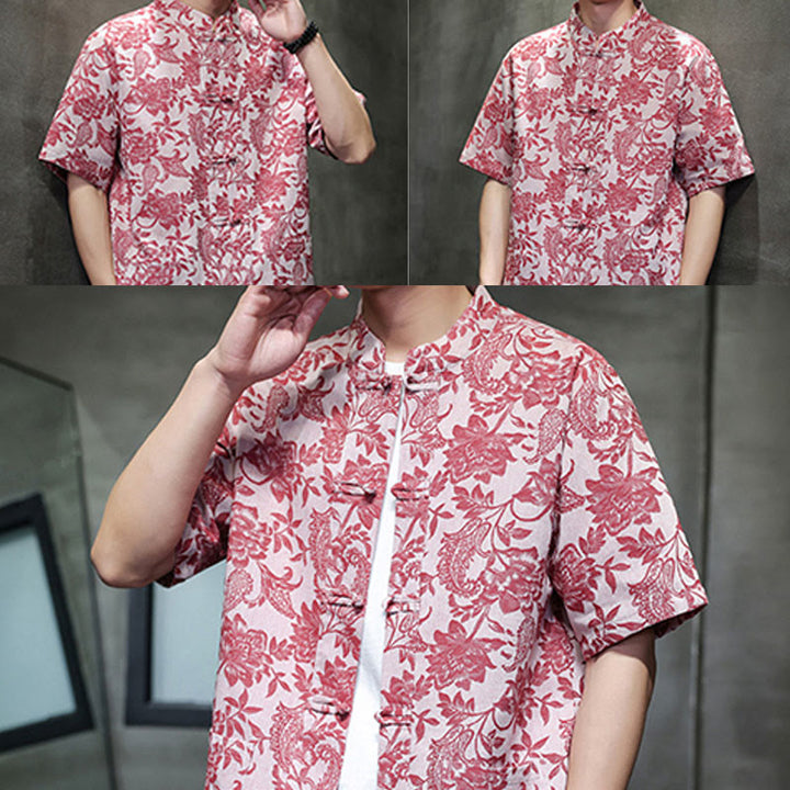 Buddha Stones Casual Jacquard Paisley Kwiat Roślinny Wzór Żabki-Guziki Męska Bawełniana Koszula Kardigan Z Kieszeniami