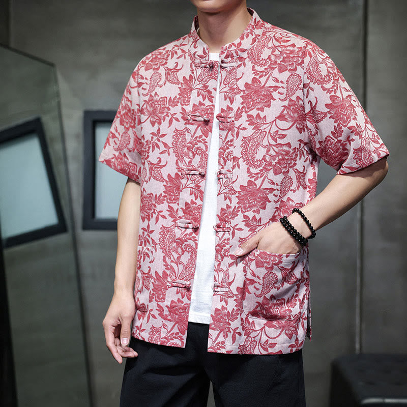 Buddha Stones Casual Jacquard Paisley Kwiat Roślinny Wzór Żabki-Guziki Męska Bawełniana Koszula Kardigan Z Kieszeniami