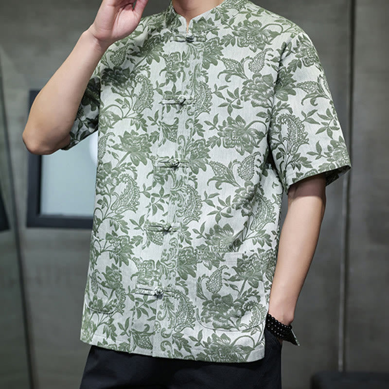 Buddha Stones Casual Jacquard Paisley Kwiat Roślinny Wzór Żabki-Guziki Męska Bawełniana Koszula Kardigan Z Kieszeniami