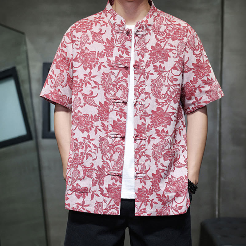 Buddha Stones Casual Jacquard Paisley Kwiat Roślinny Wzór Żabki-Guziki Męska Bawełniana Koszula Kardigan Z Kieszeniami