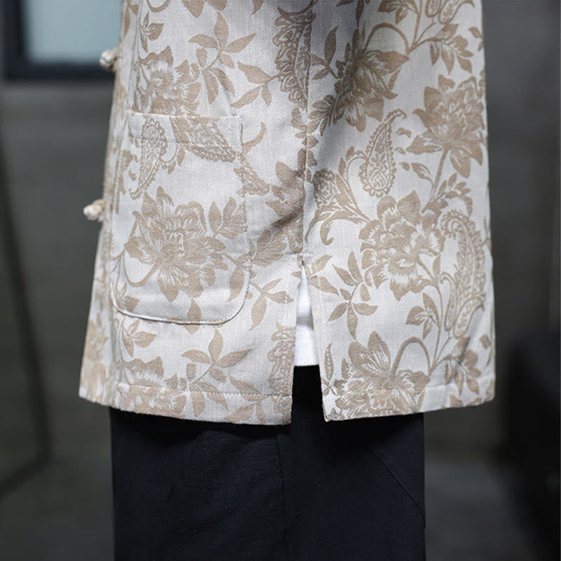 Buddha Stones Casual Jacquard Paisley Kwiat Roślinny Wzór Żabki-Guziki Męska Bawełniana Koszula Kardigan Z Kieszeniami