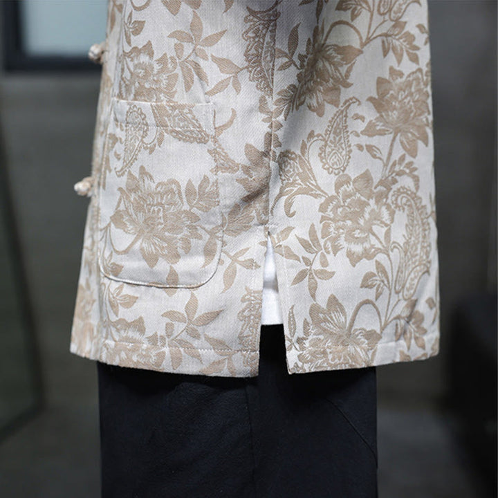 Buddha Stones Casual Jacquard Paisley Kwiat Roślinny Wzór Żabki-Guziki Męska Bawełniana Koszula Kardigan Z Kieszeniami
