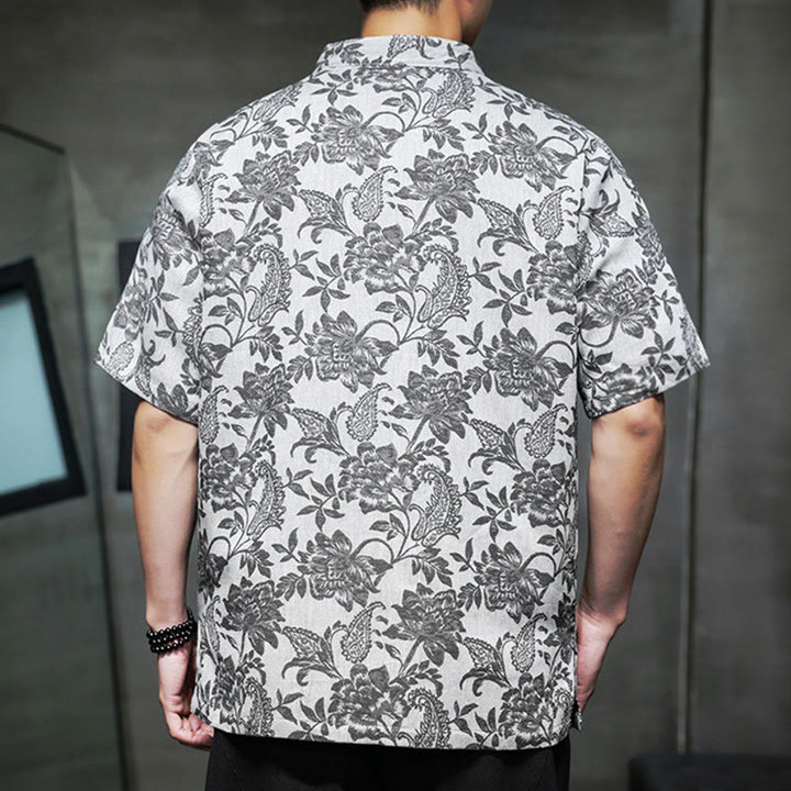 Buddha Stones Casual Jacquard Paisley Kwiat Roślinny Wzór Żabki-Guziki Męska Bawełniana Koszula Kardigan Z Kieszeniami