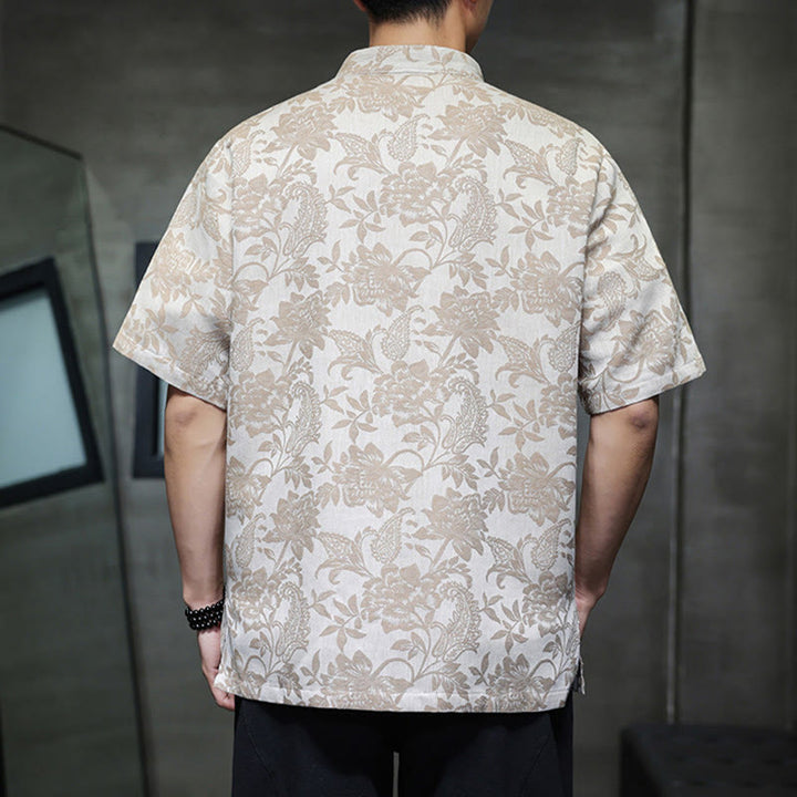 Buddha Stones Casual Jacquard Paisley Kwiat Roślinny Wzór Żabki-Guziki Męska Bawełniana Koszula Kardigan Z Kieszeniami