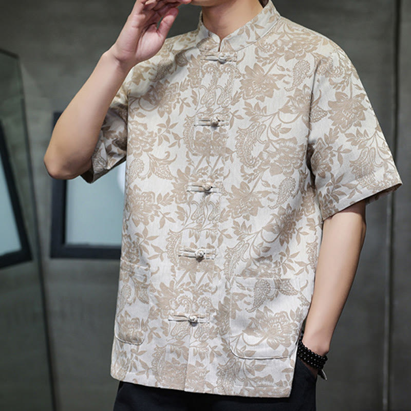 Buddha Stones Casual Jacquard Paisley Kwiat Roślinny Wzór Żabki-Guziki Męska Bawełniana Koszula Kardigan Z Kieszeniami