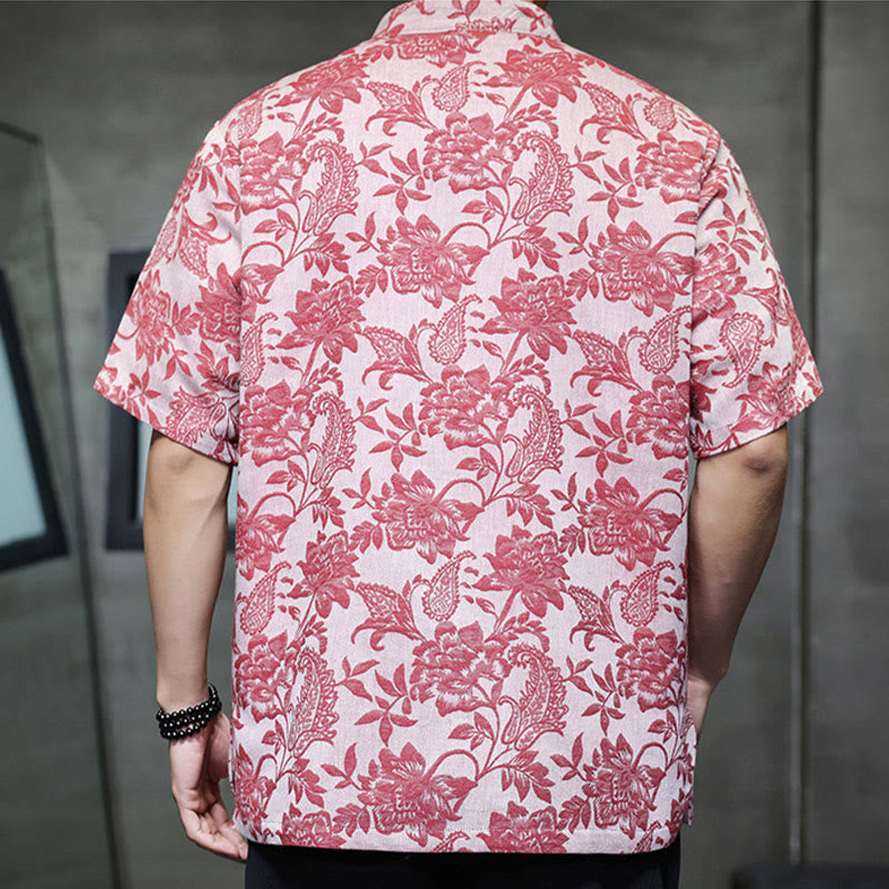 Buddha Stones Casual Jacquard Paisley Kwiat Roślinny Wzór Żabki-Guziki Męska Bawełniana Koszula Kardigan Z Kieszeniami