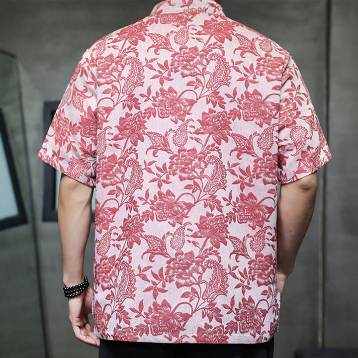 Buddha Stones Casual Jacquard Paisley Kwiat Roślinny Wzór Żabki-Guziki Męska Bawełniana Koszula Kardigan Z Kieszeniami