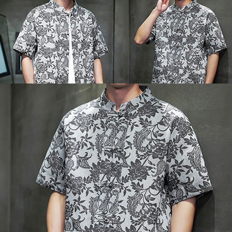 Buddha Stones Casual Jacquard Paisley Kwiat Roślinny Wzór Żabki-Guziki Męska Bawełniana Koszula Kardigan Z Kieszeniami