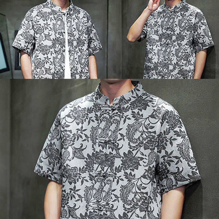 Buddha Stones Casual Jacquard Paisley Kwiat Roślinny Wzór Żabki-Guziki Męska Bawełniana Koszula Kardigan Z Kieszeniami