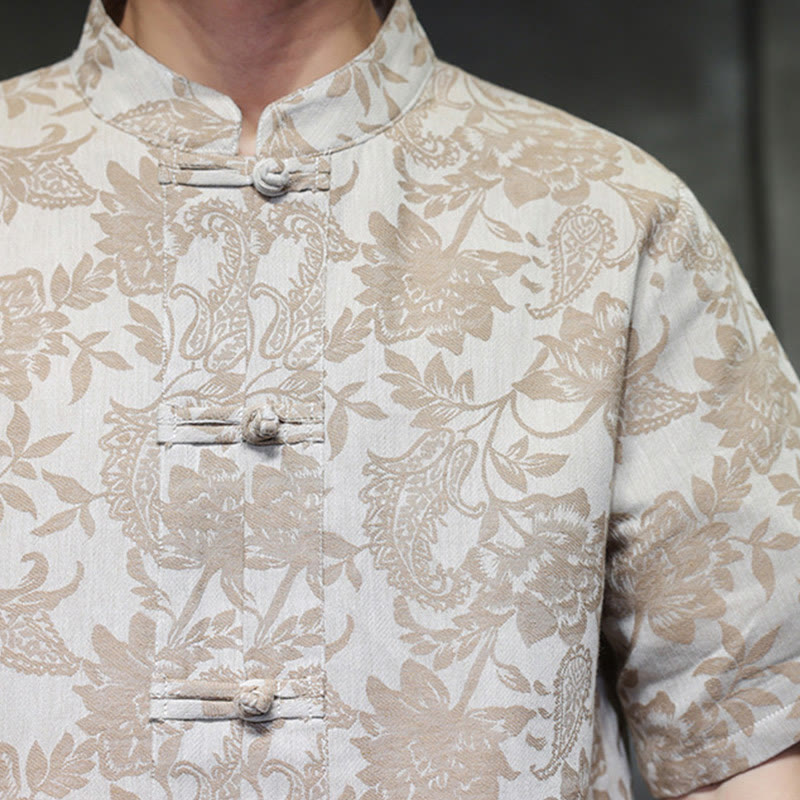 Buddha Stones Casual Jacquard Paisley Kwiat Roślinny Wzór Żabki-Guziki Męska Bawełniana Koszula Kardigan Z Kieszeniami