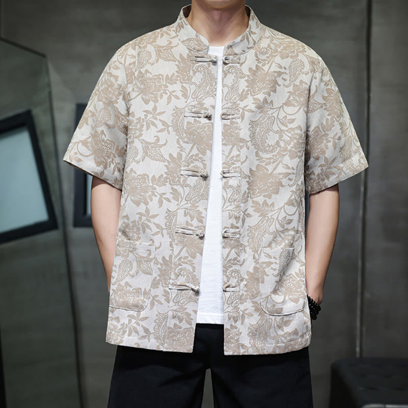 Buddha Stones Casual Jacquard Paisley Kwiat Roślinny Wzór Żabki-Guziki Męska Bawełniana Koszula Kardigan Z Kieszeniami