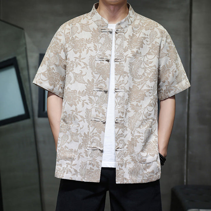 Buddha Stones Casual Jacquard Paisley Kwiat Roślinny Wzór Żabki-Guziki Męska Bawełniana Koszula Kardigan Z Kieszeniami