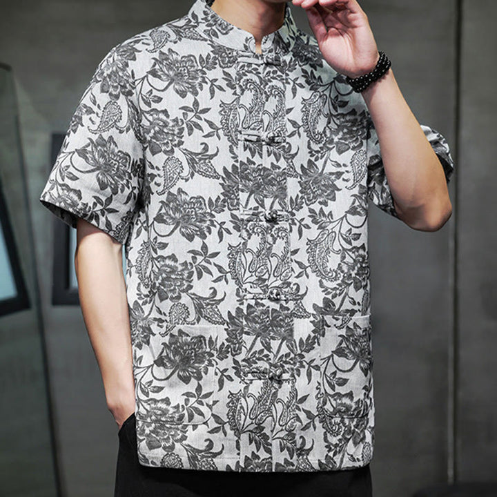 Buddha Stones Casual Jacquard Paisley Kwiat Roślinny Wzór Żabki-Guziki Męska Bawełniana Koszula Kardigan Z Kieszeniami