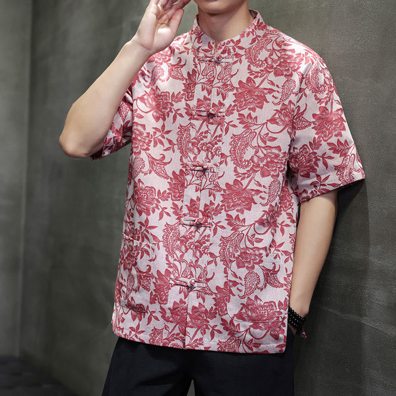 Buddha Stones Casual Jacquard Paisley Kwiat Roślinny Wzór Żabki-Guziki Męska Bawełniana Koszula Kardigan Z Kieszeniami