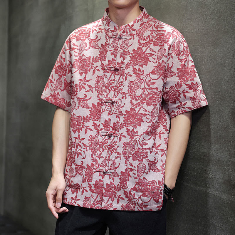 Buddha Stones Casual Jacquard Paisley Kwiat Roślinny Wzór Żabki-Guziki Męska Bawełniana Koszula Kardigan Z Kieszeniami