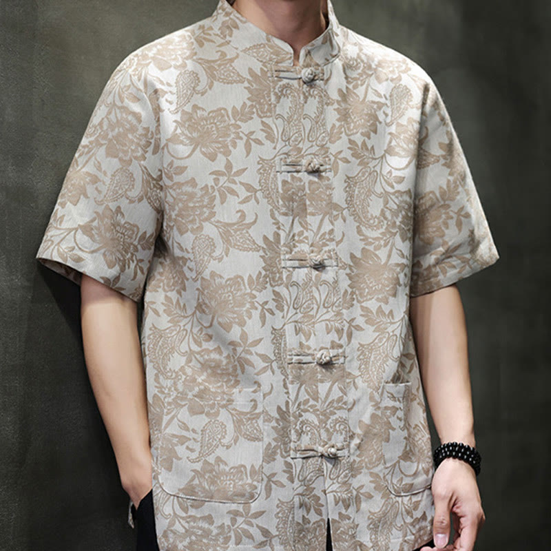 Buddha Stones Casual Jacquard Paisley Kwiat Roślinny Wzór Żabki-Guziki Męska Bawełniana Koszula Kardigan Z Kieszeniami