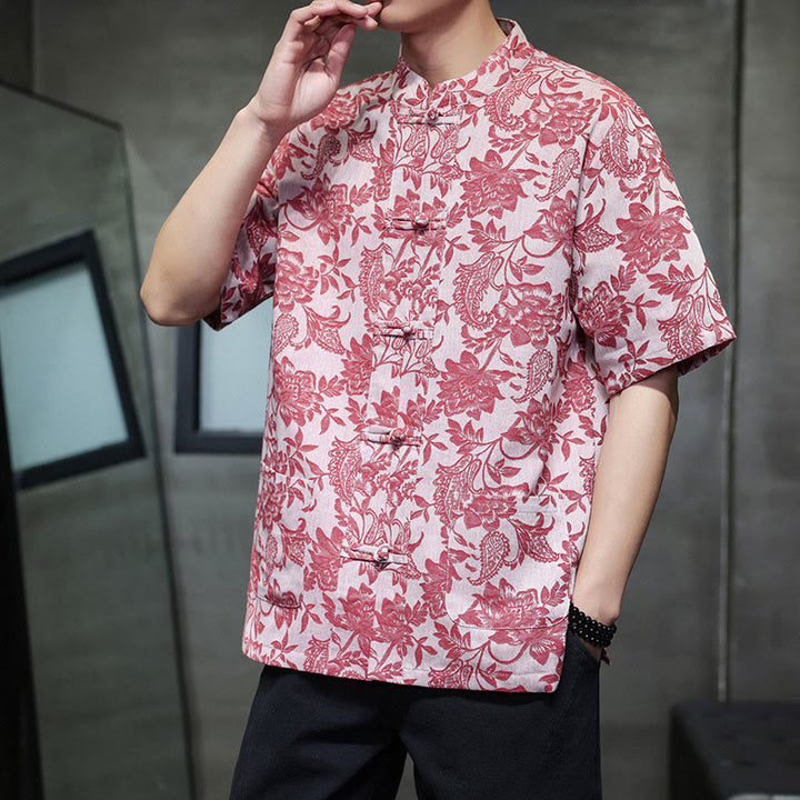 Buddha Stones Casual Jacquard Paisley Kwiat Roślinny Wzór Żabki-Guziki Męska Bawełniana Koszula Kardigan Z Kieszeniami