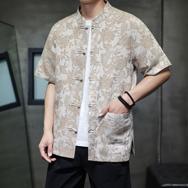 Buddha Stones Casual Jacquard Paisley Kwiat Roślinny Wzór Żabki-Guziki Męska Bawełniana Koszula Kardigan Z Kieszeniami