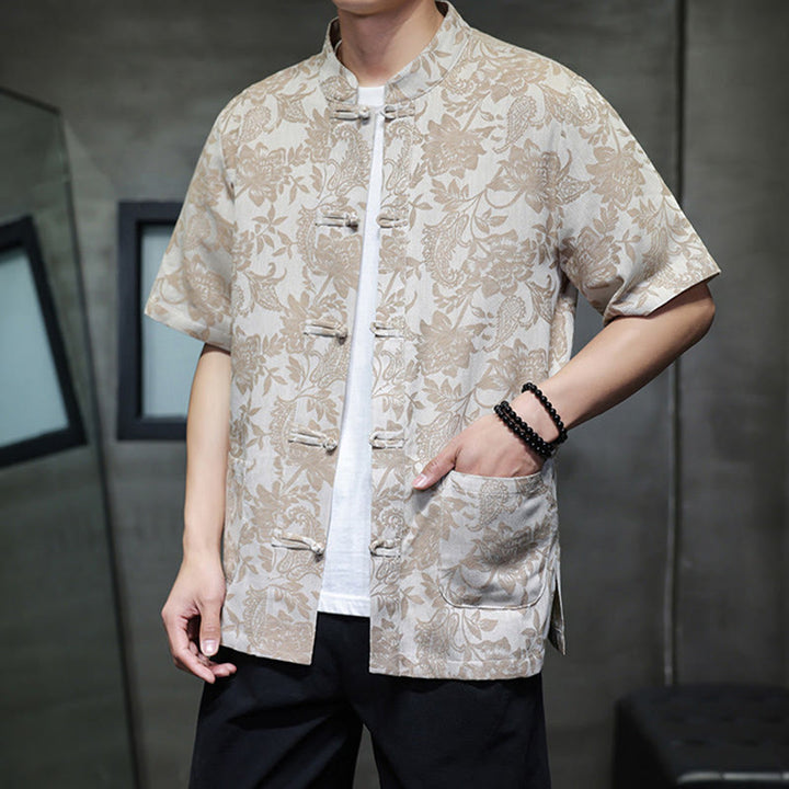 Buddha Stones Casual Jacquard Paisley Kwiat Roślinny Wzór Żabki-Guziki Męska Bawełniana Koszula Kardigan Z Kieszeniami