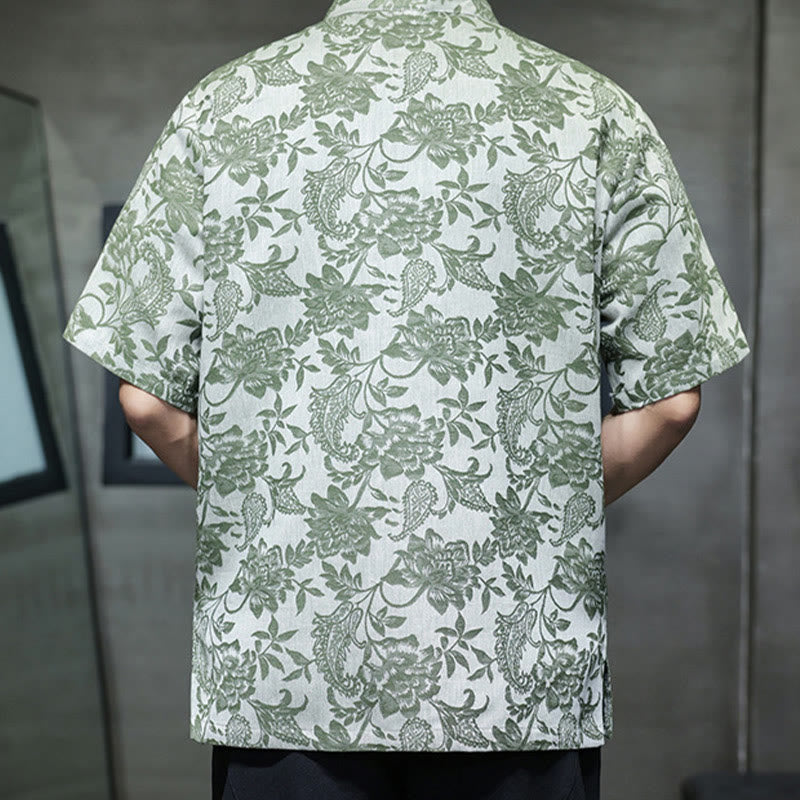 Buddha Stones Casual Jacquard Paisley Kwiat Roślinny Wzór Żabki-Guziki Męska Bawełniana Koszula Kardigan Z Kieszeniami