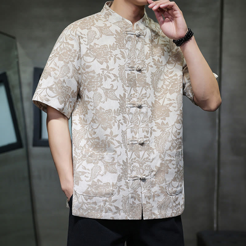 Buddha Stones Casual Jacquard Paisley Kwiat Roślinny Wzór Żabki-Guziki Męska Bawełniana Koszula Kardigan Z Kieszeniami