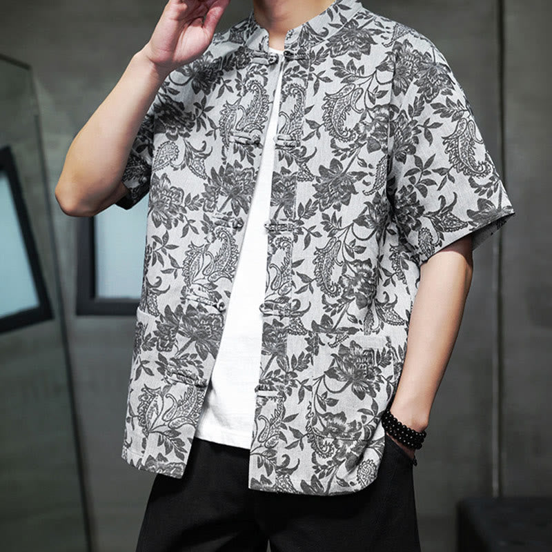 Buddha Stones Casual Jacquard Paisley Kwiat Roślinny Wzór Żabki-Guziki Męska Bawełniana Koszula Kardigan Z Kieszeniami