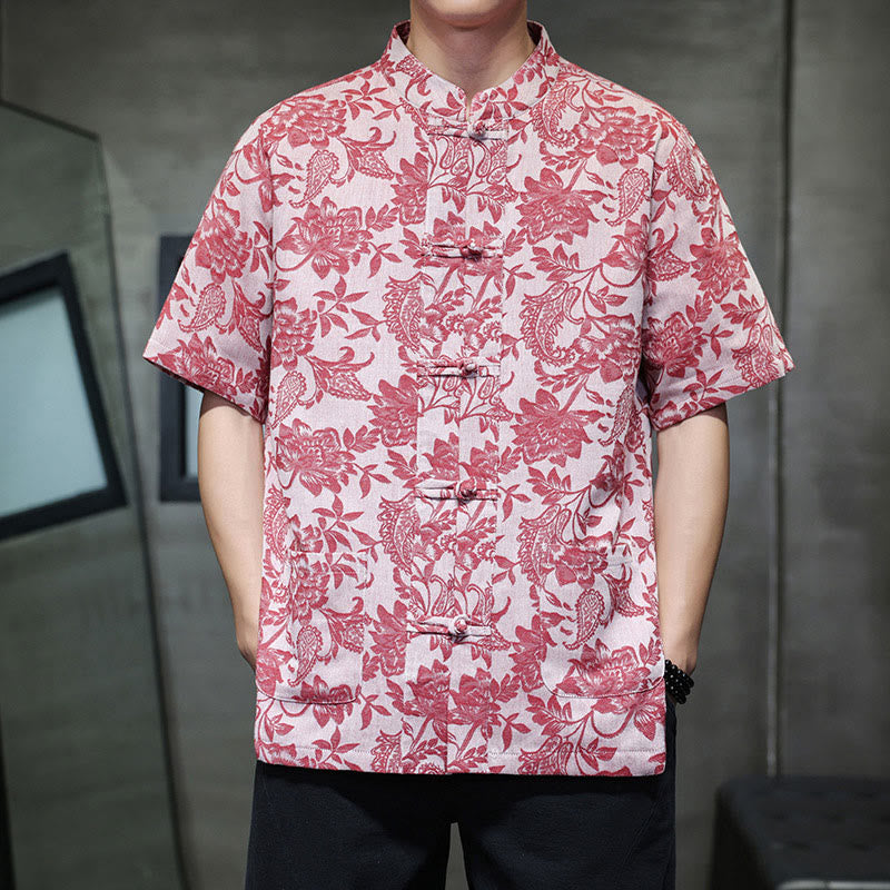 Buddha Stones Casual Jacquard Paisley Kwiat Roślinny Wzór Żabki-Guziki Męska Bawełniana Koszula Kardigan Z Kieszeniami - Bladofioletowoczerwony - US/UK/AU44， EU54 (4XL) - image 0