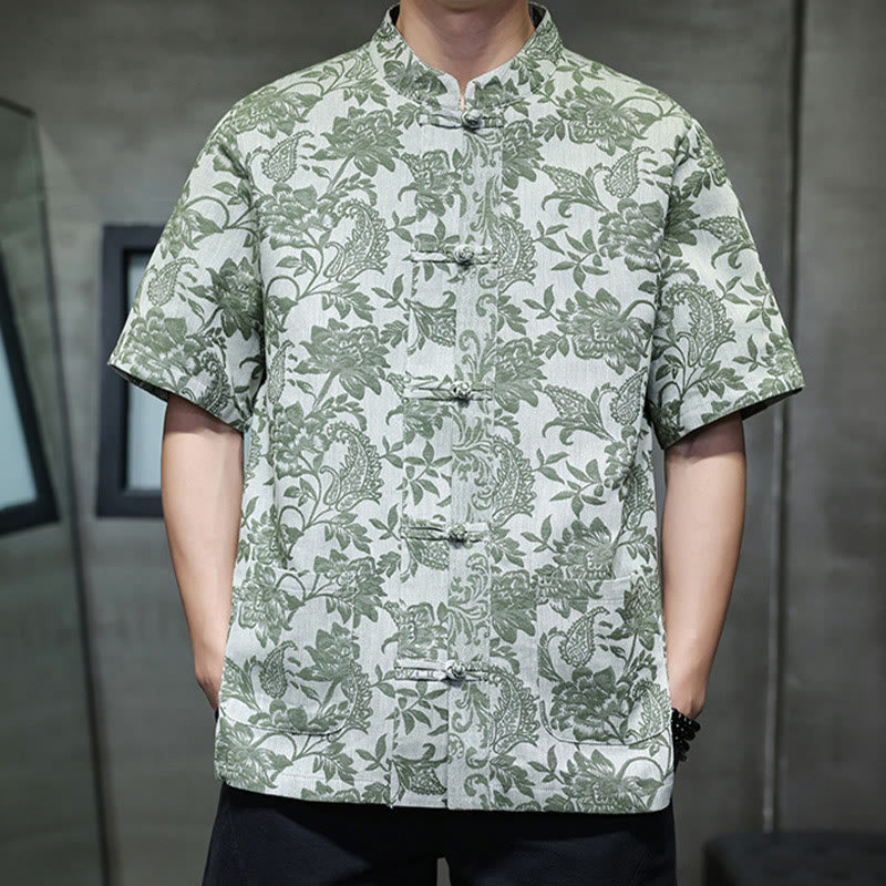 Buddha Stones Casual Jacquard Paisley Kwiat Roślinny Wzór Żabki-Guziki Męska Bawełniana Koszula Kardigan Z Kieszeniami
