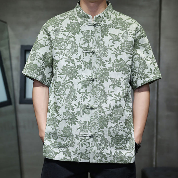 Buddha Stones Casual Jacquard Paisley Kwiat Roślinny Wzór Żabki-Guziki Męska Bawełniana Koszula Kardigan Z Kieszeniami