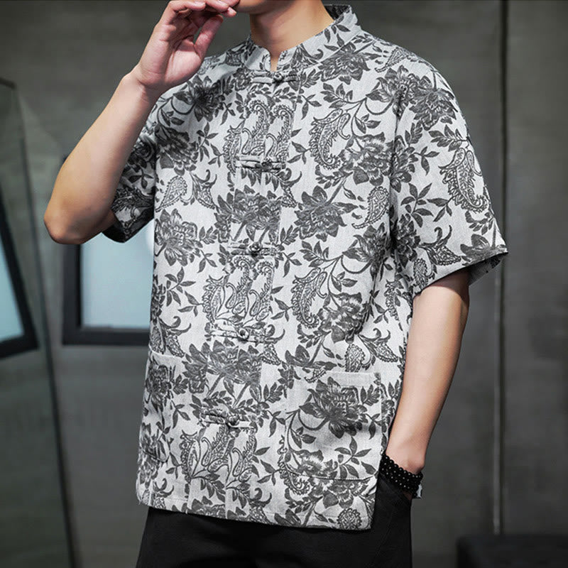 Buddha Stones Casual Jacquard Paisley Kwiat Roślinny Wzór Żabki-Guziki Męska Bawełniana Koszula Kardigan Z Kieszeniami