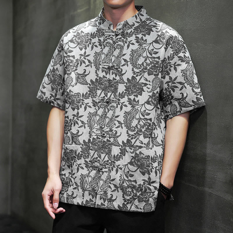 Buddha Stones Casual Jacquard Paisley Kwiat Roślinny Wzór Żabki-Guziki Męska Bawełniana Koszula Kardigan Z Kieszeniami